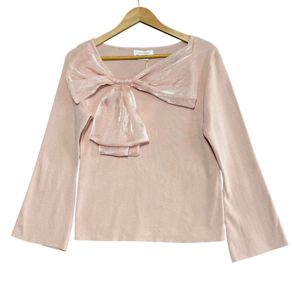 COCOBLEU‎ Pink Bow Sweater Size L Cute Kawaii Cottagecore Knit Pullover